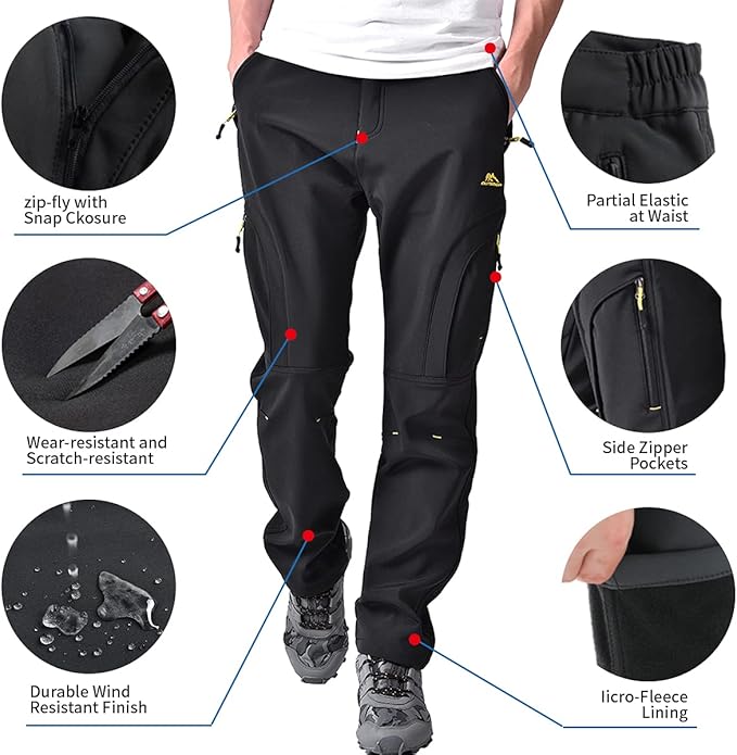 Toomett Men's hiking Snow Pants Skiing Winter Insulated Fleece lined Outdoor Water Repellent camping,walking,fishing
