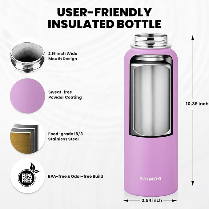 Insulated Water Bottle 40 oz, Triple Wall Vacuum Stainless Steel (Cold for 48 Hrs), Leak Proof & Non-BPA, Modern Water Flask Jug with Paracord Handle & Straw Spout Lids, Lilac