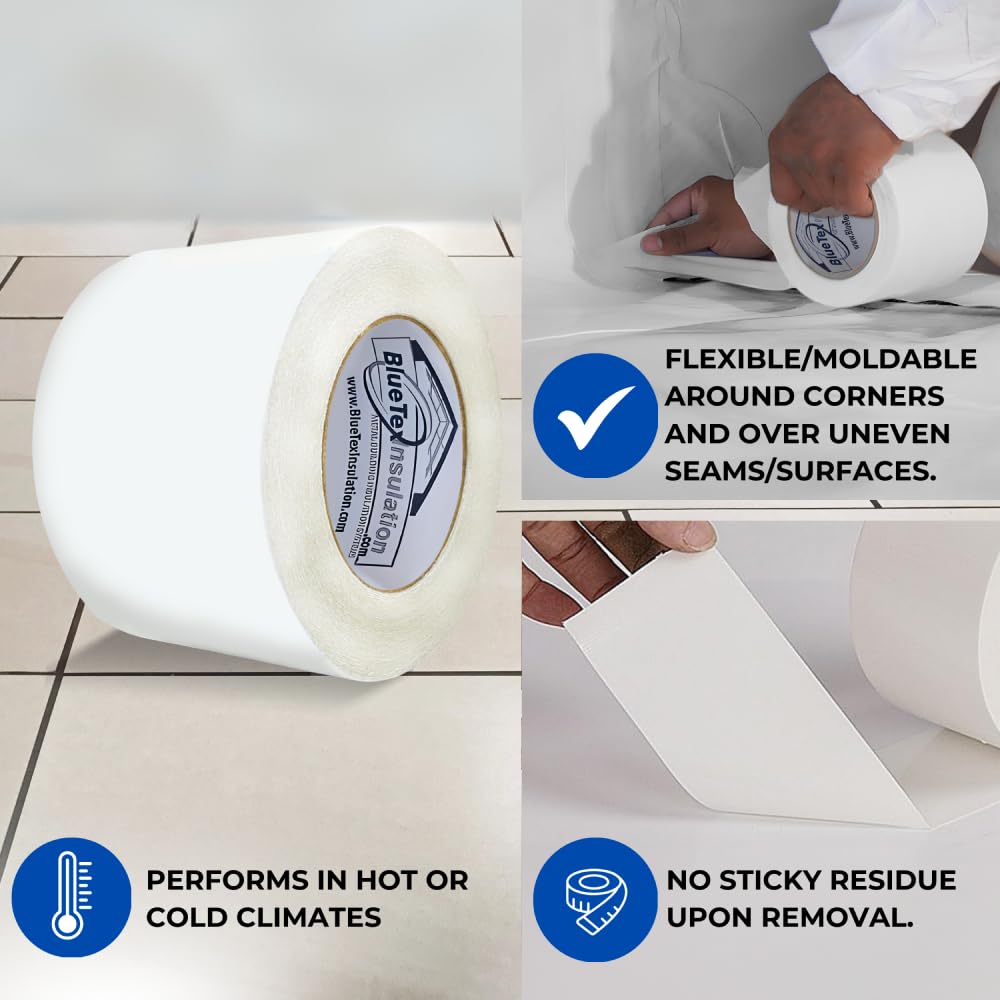 BlueTex Insulationㅤ 3" Wide x 180' Long White Vapor Barrier Seam Tape - 8 Roll Bulk Pack Waterproofing & Great for Crawlspaces, Insulation Repairs, Underlayment Seams, Metal Building Insulation Seams