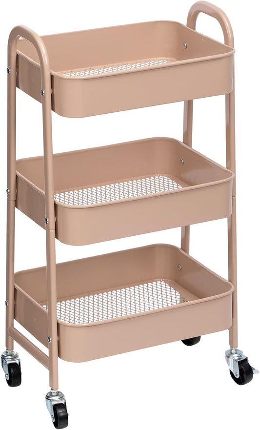 AGTEK Makeup Cart, Movable Rolling Organizer Cart, 3 Tier Metal Utility Cart with Lockable Wheels for Home & Office, Milk Tea