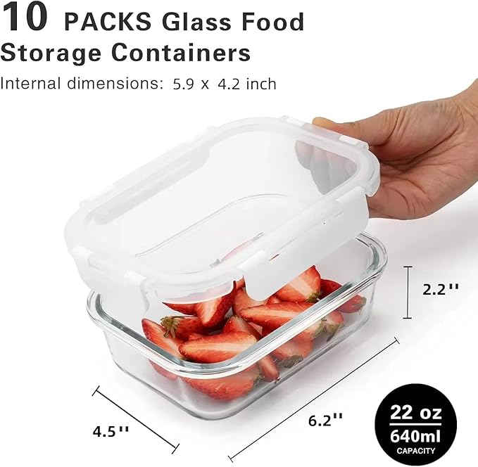 10 Pack 22 Oz Glass Meal Prep Containers with Lids, Reusable Glass Food Storage Containers with Lids, Leak Proof, Microwave, Oven, Freezer and Dishwasher Safe (White)