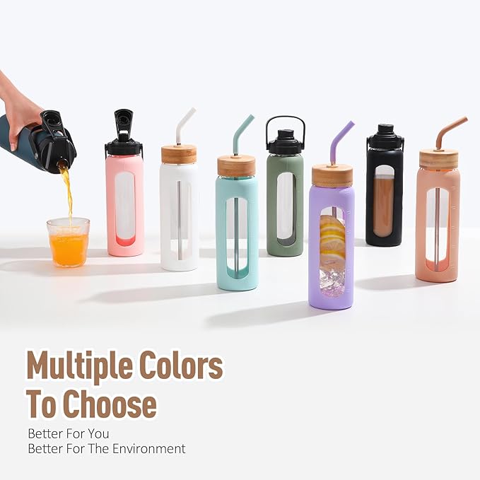 Kodrine Water Bottle with Straw, 24 oz Glass water Bottle with 2 Lids Bamboo Straw Lid and Spout Lid with Handle, 32 oz Clear Water Bottle Glass for Sports Travel, Waterbottle with Time Marker