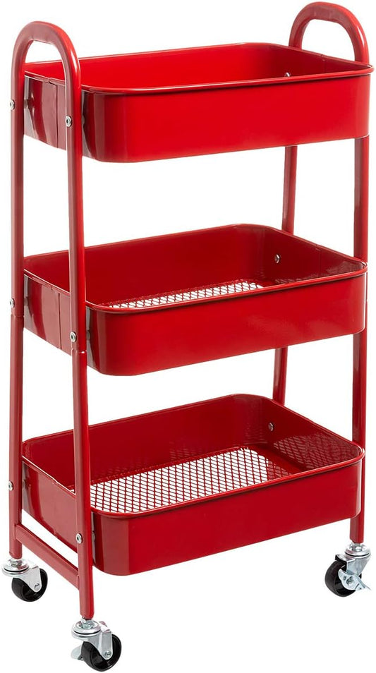 AGTEK Makeup Cart, Movable Rolling Organizer Cart, Red 3 Tier Metal Utility Cart