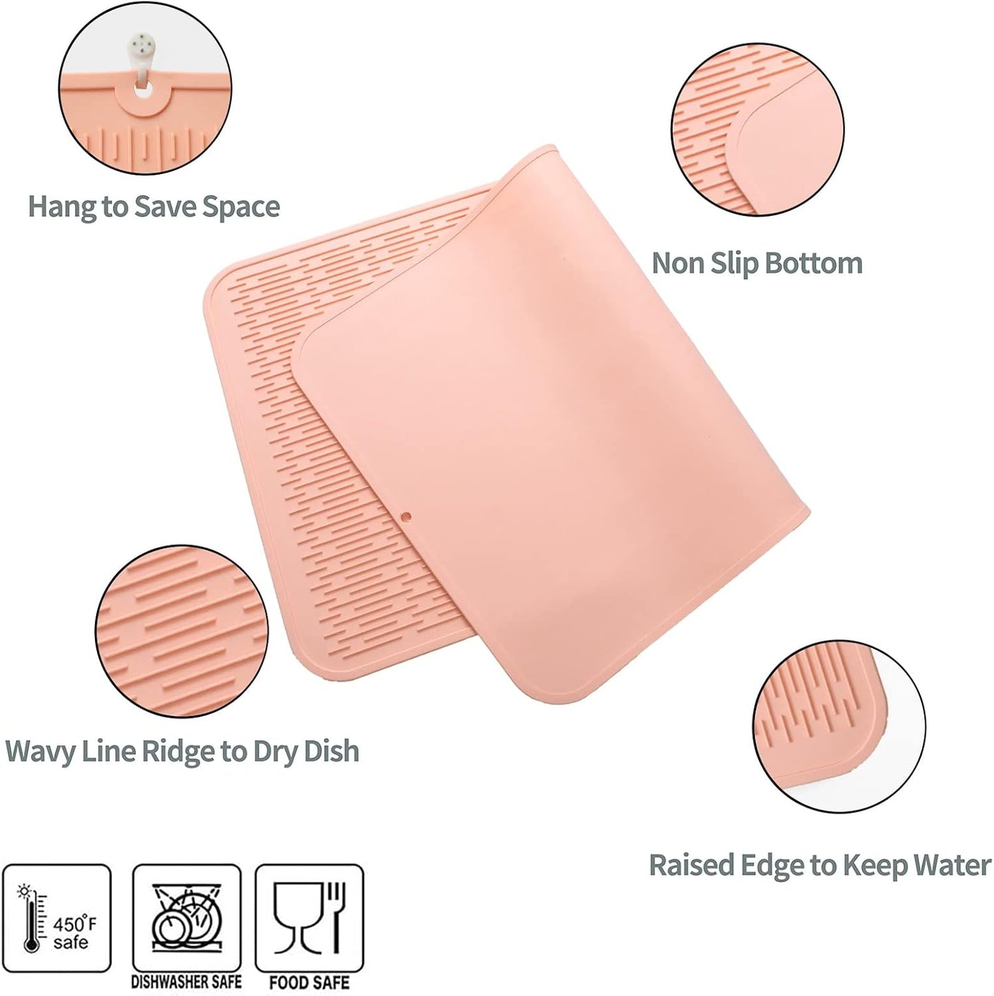 Silicone Dish Drying Mat for Multiple Usage,Easy clean,Eco-friendly,Heat-resistant Silicone Mat for Kitchen Counter or Sink,Refrigerator or Drawer Liner Pink 4XL 32 inches x 18 inches