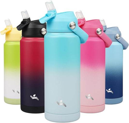Insulated Water Bottle with Straw Lid,24 oz Stainless Steel Vacuum Metal Bottle with Silicone Handle,Sea Salt