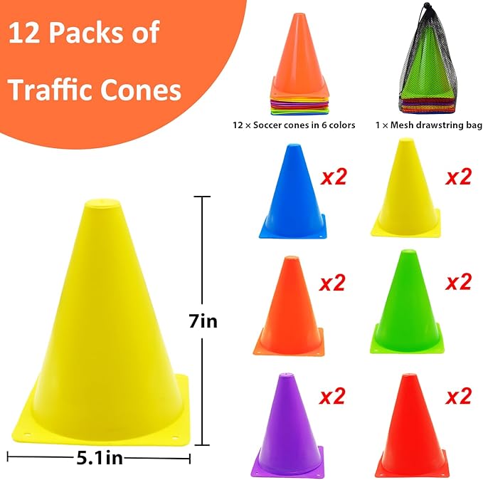 12/24/48Pcs Soccer Cones,7" or 9" Soccer Cones for Training, Multicolor Cones Sports Soccer Training Cones, Field Cones for Skating Basketball Football Drills Practice