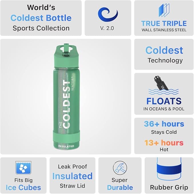 Coldest Insulated Water Bottle with Straw Lid - Stainless Steel Metal Insulated Bottle for Men & Women (Green Aurora Glitter, 24 oz)