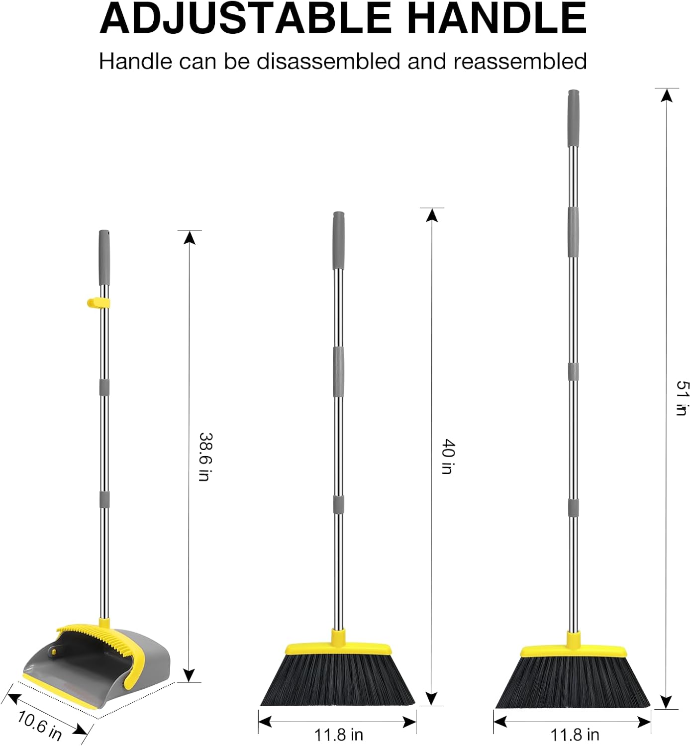 NACENA Broom and Dustpan Set, 52-in Long Adjustable Handle Broom Dustpan Combo with Dustpan Teeth to Automatically Clean Hair Suitable for Home Kitchen Office Hall Floor (Grey&Yellow), 4 Pack