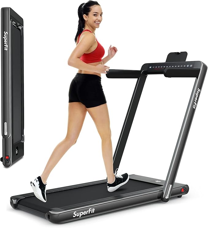 GYMAX Walking Pad, Dual LED Display 2 in 1 Under Desk Treadmill for Home with Remote & Smart App Control, 2.25HP Foldable Portable Treadmill Running Machine for Office Small Space