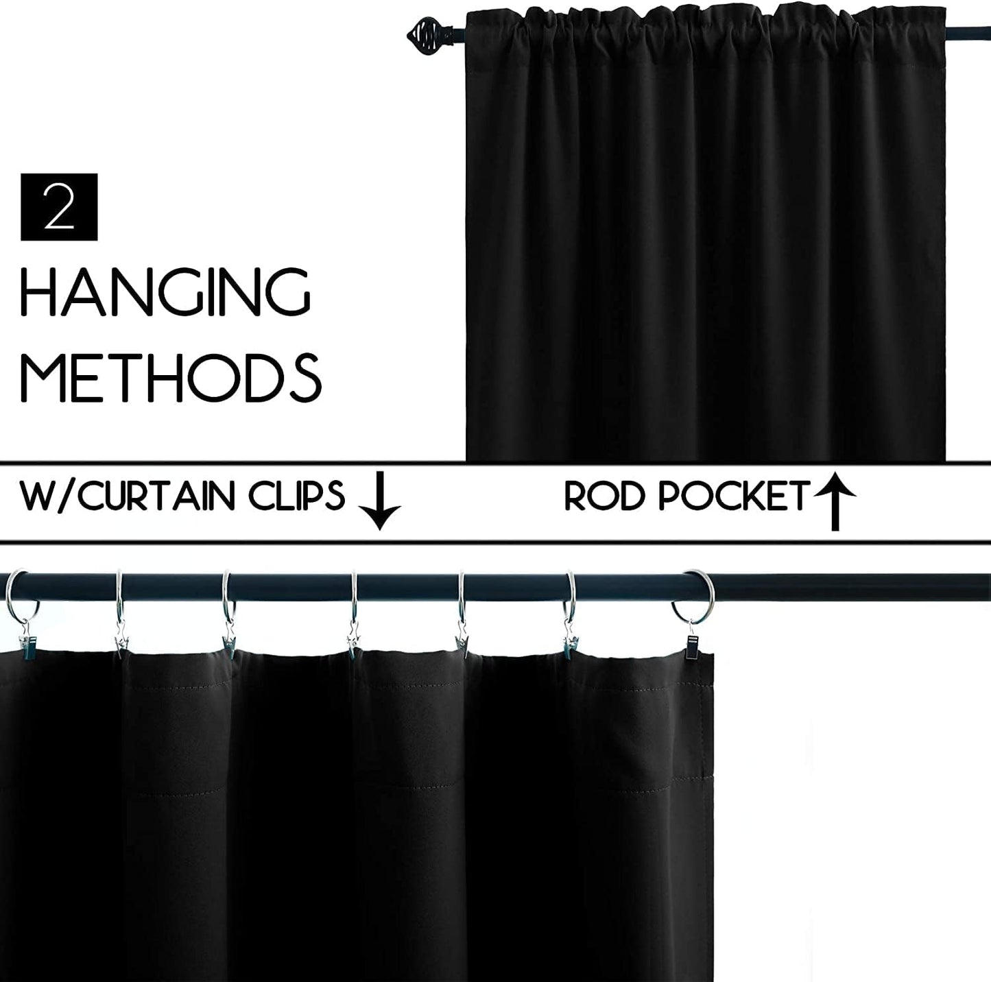 Pickluc 24 Inch Long Tier Curtains for Small Window Treatment, Short Blackout Curtain with Rod Pocket - Half Window Curtains for Kitchen, Cabinet, Basement, Camper, 2 Panels, Black, 30 Inches Wide