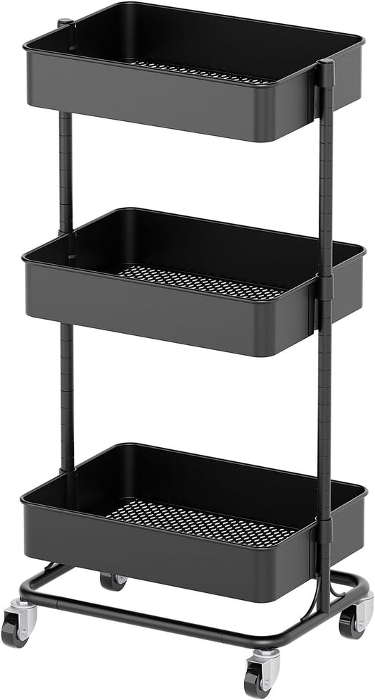 3 Tier Modern Metal Rolling Tool Cart with Silent Casters, 17.72×12.40×35.04 inch Heavy Duty Organization Truck Trolley Organizer for Office, Living Room, Kitchen, (Black)
