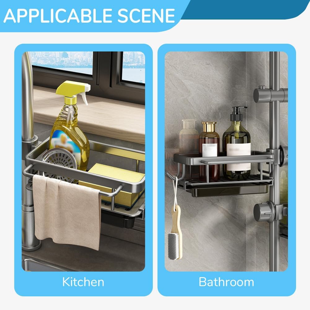 Sink Organizer Rack for Kitchen and Bathroom, 2024 New Kitchen Sink Faucet Organizer with Drip Tray Faucet Sponge Holder (Grey, Right)