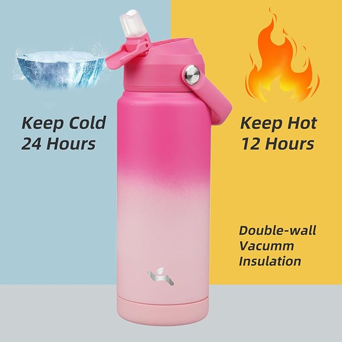 Insulated Water Bottle with Straw Lid,24 oz Stainless Steel Vacuum Metal Bottle with Silicone Handle,Cherry Blossom