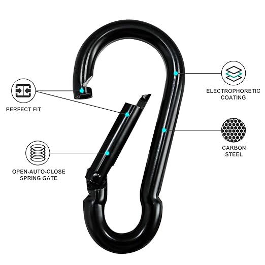 KINLINK 1 Pack Black Carabiner Clip, 5.5 inch Heavy Duty Spring Snap Hook, Large Caribeener Clips for Camping, Swing Set, Hammock, Hiking, Travel, Weight Lifting Machine, Home Gym Equipment
