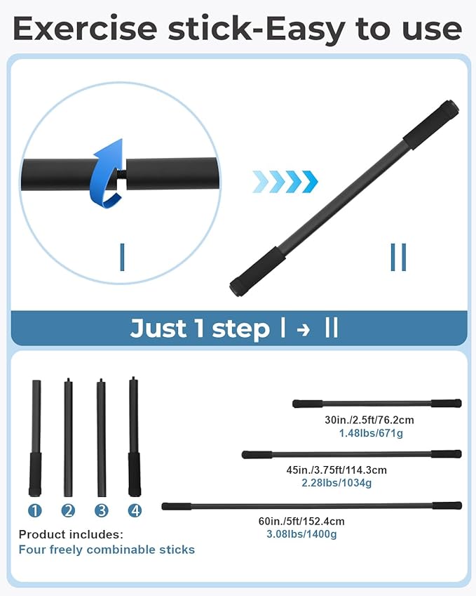 Yoga Stick, 5ft Exercise Stick for Mobility, Stretching Stick with Non-Slip Ends, Exercise Dowel for Pilates, Balance Pole and Stretch Bar for Stretching Equipment