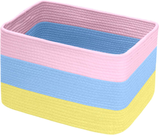 Hopegiver Woven Storage Baskets 15x11x10 Inch, 1 Pack Collapsible Cube Storage Bin for Shelves - Foldable Cotton Rope Organizer Bins for Towels, Toys, Books, Closet, Nursery (Pink Blue Yellow)