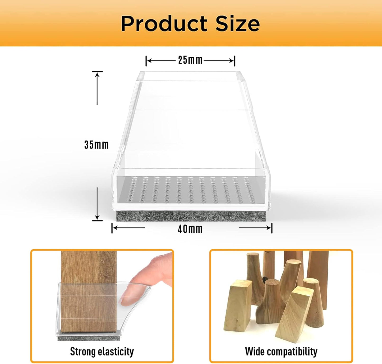 Square Chair Leg Protectors for Hardwood Floors,16 Pcs Silicone Felt Furniture Legs Caps to Prevent Floor from Scratches and Reduce Noise, Easy to Move,1.26-1.57",Clear.