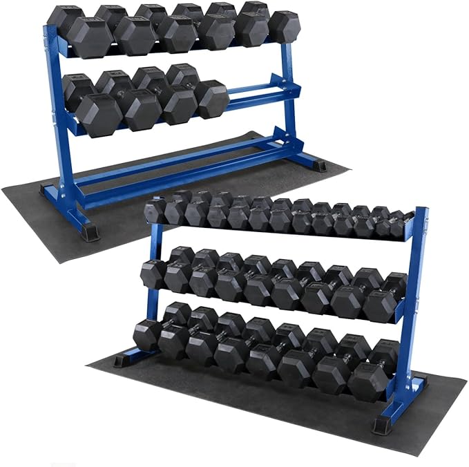 WF Athletic Supply Rubber Coated Hex Dumbbell Set, Multiple Choices Available - Dumbbells with Rack Stand and Mat, or Dumbbells Only (200/550/1200/2100/3000 LB)