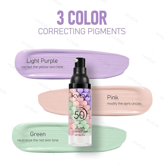 KYDA 2PCS Color Correcting Primer,SPF Makeup 50 PA+++,Color Correcting Serum, Moisturizing Makeup Primer, One Step Brightening Primer to Even Skin Tone, Oil Control Skin Corrector,Purple Pink Green