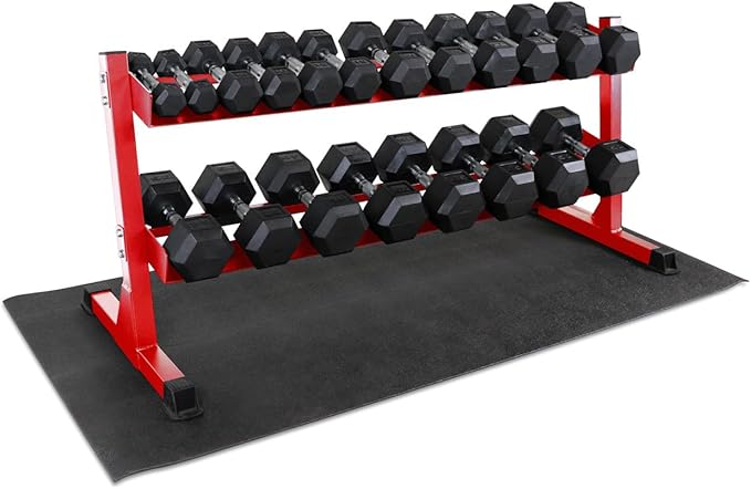 WF Athletic Supply Rubber Coated Hex Dumbbell Set, Multiple Choices Available - Dumbbells with Rack Stand and Mat, or Dumbbells Only (200/550/1200/2100/3000 LB)