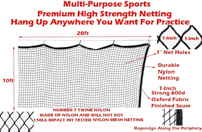 10ft, 15ft, 25ft Sports Practice Netting Sturdy Net Hitting Throwing Pitching Net 150LB Impact Hit Tested Nylon Mesh Netting for Golf, Baseball, Softball, Hockey, Soccer, LAX