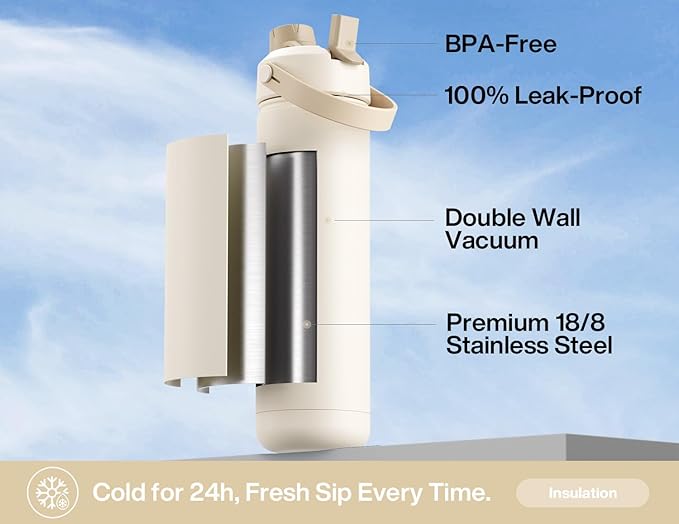 26 oz Insulated Water Bottle with 2-in-1 Straw and Spout Lid, Keep Cold 24H, Leak-Proof, Fits in Car Cup Holder, Stainless Steel Water Bottle for Sports, Gym, Travel, and School (Mousse)