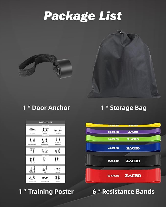 Zacro Resistance Bands, 6 Resistance Levels Pull Up Assistance Bands, Exercise Bands for Men&Women, Heavy Duty Resistance Band Set with Door Anchor, for Working Out, Muscle Training, Physical Therapy