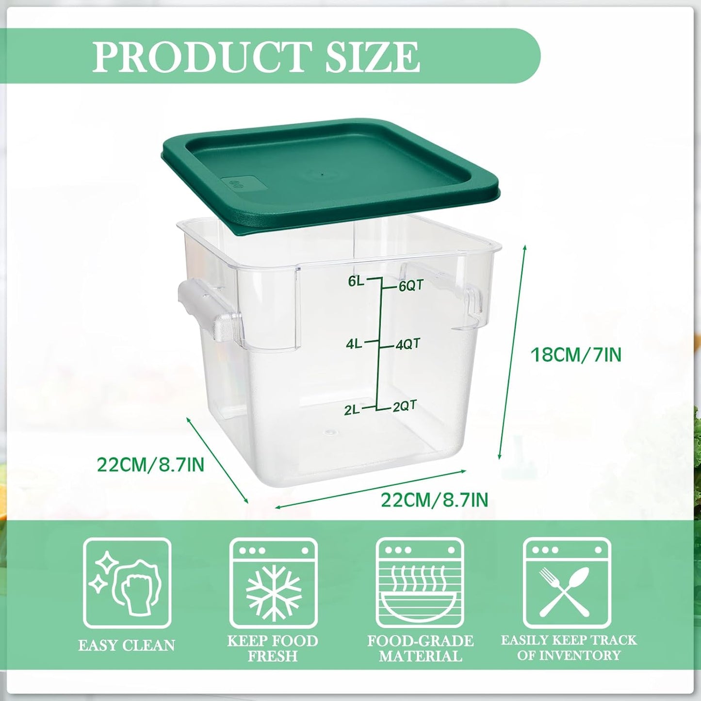 Lallisa 8 Pack 6 Qt Commercial Food Storage Containers with Lids Square Food Storage Container Clear Cereal Storage Containers for Kitchen Freezer Pantry Restaurant Flour Sugar(Green Lids)