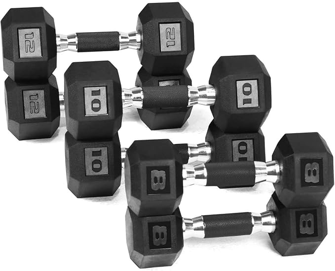 WF Athletic Supply Rubber Encased Hex Dumbbells with Rubber Grip Contoured Handle for Muscle Toning, Strength Building & Full Body Workout