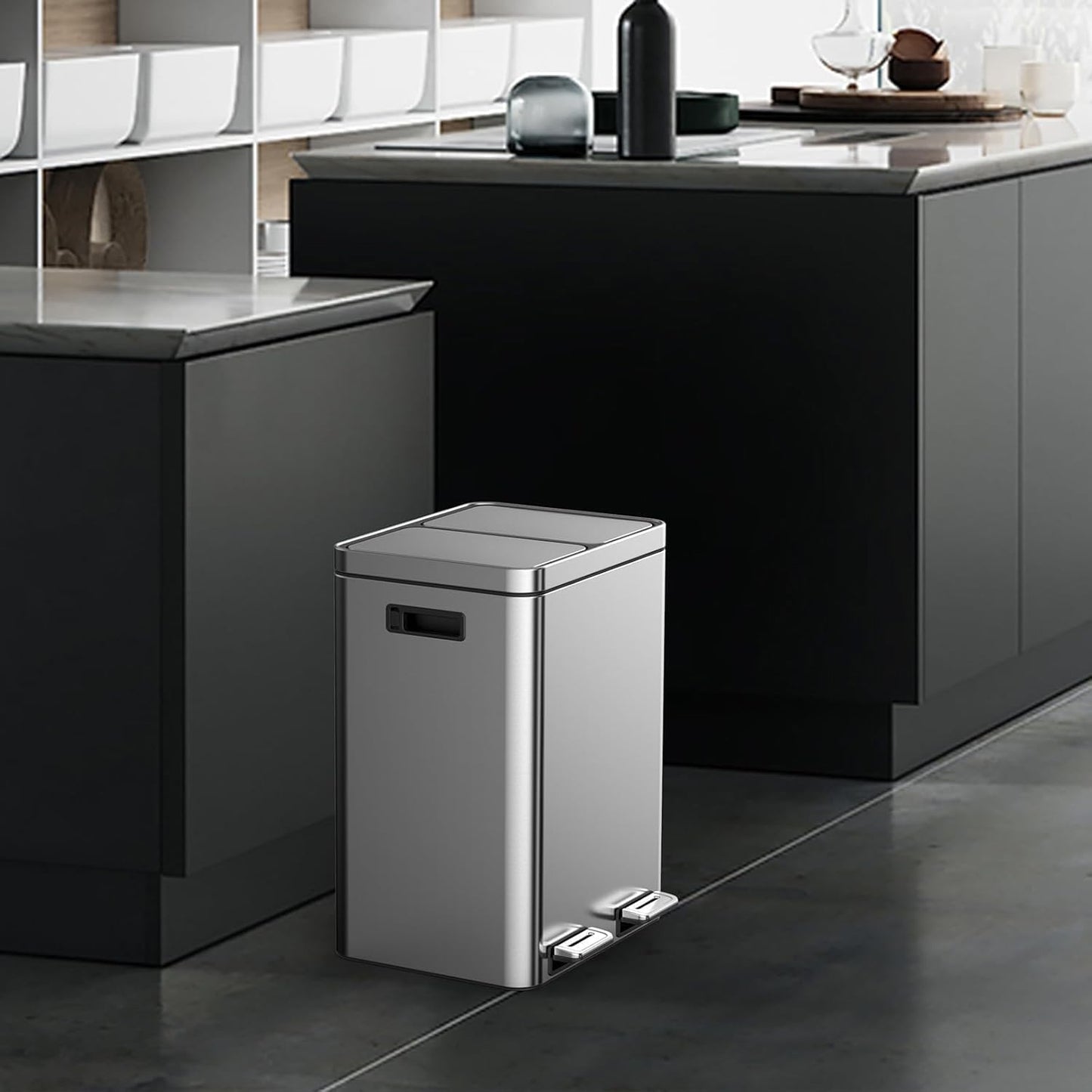 2 x 5.3 Gal (2 x 20L) Trash Can, Stainless Steel Triple Compartment Step-On Recycling Bin with Soft-Close Lids & Removable Plastic Inner Buckets for Kitchen, Home, Office
