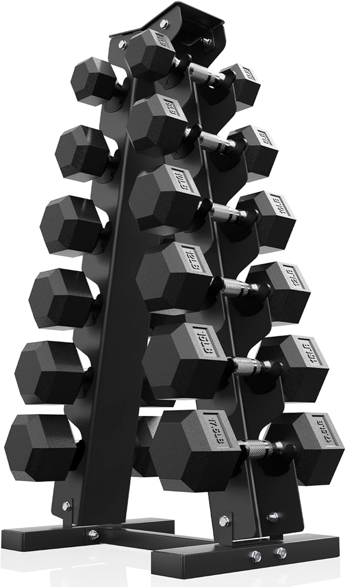 PAPABABE Hex Dumbbell Sets with Rack, 60-550lb Rubber Coated Dumbbell Weight Set and Storage Rack, Multiple Options Hand Weights for Strength Training