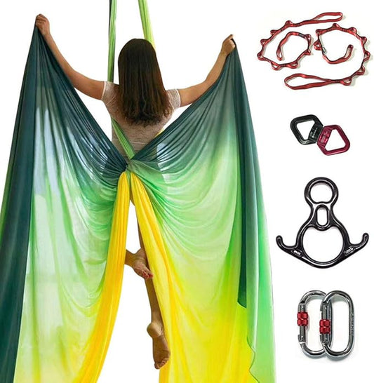 DASKING Aerial Silks Starter Kit - Durable 11Yards of Aerial Yoga Hammock with Hardware, Aerial Swing for Acrobatic Flying Yoga & All Levels (Aerial Rigging Point Up to 14ft)