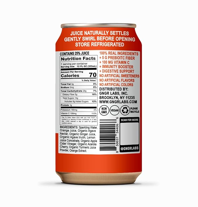 '+GNGR Sparkling Vitamin C Prebiotic Drink - Caffeine free - 5g Prebiotic Fiber - Orange Juice - Ginger Juice - Turmeric - Acerola - Apple Cider Vinegar - Prebiotic Soda - Immunity (12 oz - 12 Pack)