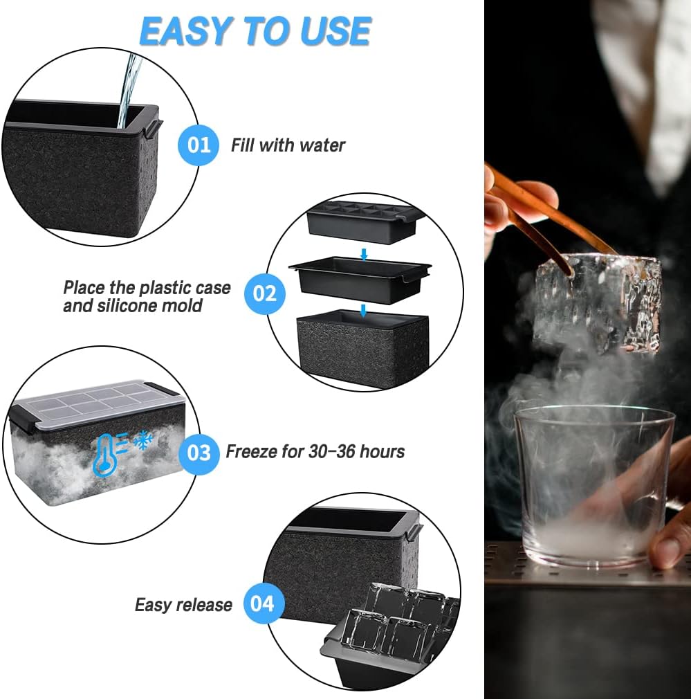 TINANA Upgrade 2 Inch Clear Ice Cube Tray Make 8 Large Square Crystal Clear Ice Cube Maker for Cocktail, Whiskey & Bourbon Drinks, Gifts for Men