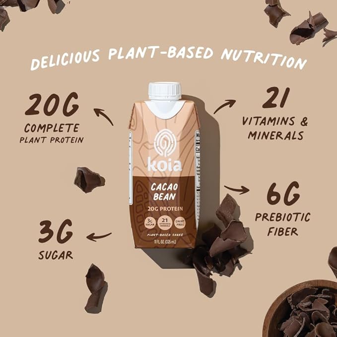 Koia Plant Based Protein Shake, Cacao Bean, 20g Protein, 3g Sugar, 6g Prebiotic Fiber, 21 Vitamins & Minerals, Meal Replacement Drinks, Dairy-Free, Gluten-Free, Non-GMO, 11 Fl Oz (Pack of 12)