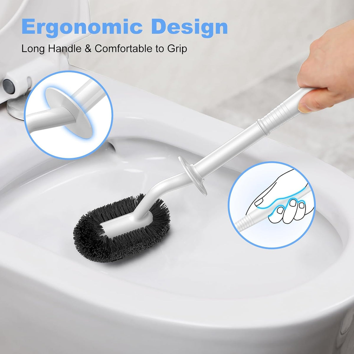 HAMITOR Toilet Bowl Brush Holder Set: Curved Design with Holder for Deep Cleaning Under Rim - Compact Hidden Scrubber for Small Space - Modern RV Bathroom Accessories - 2 Pack