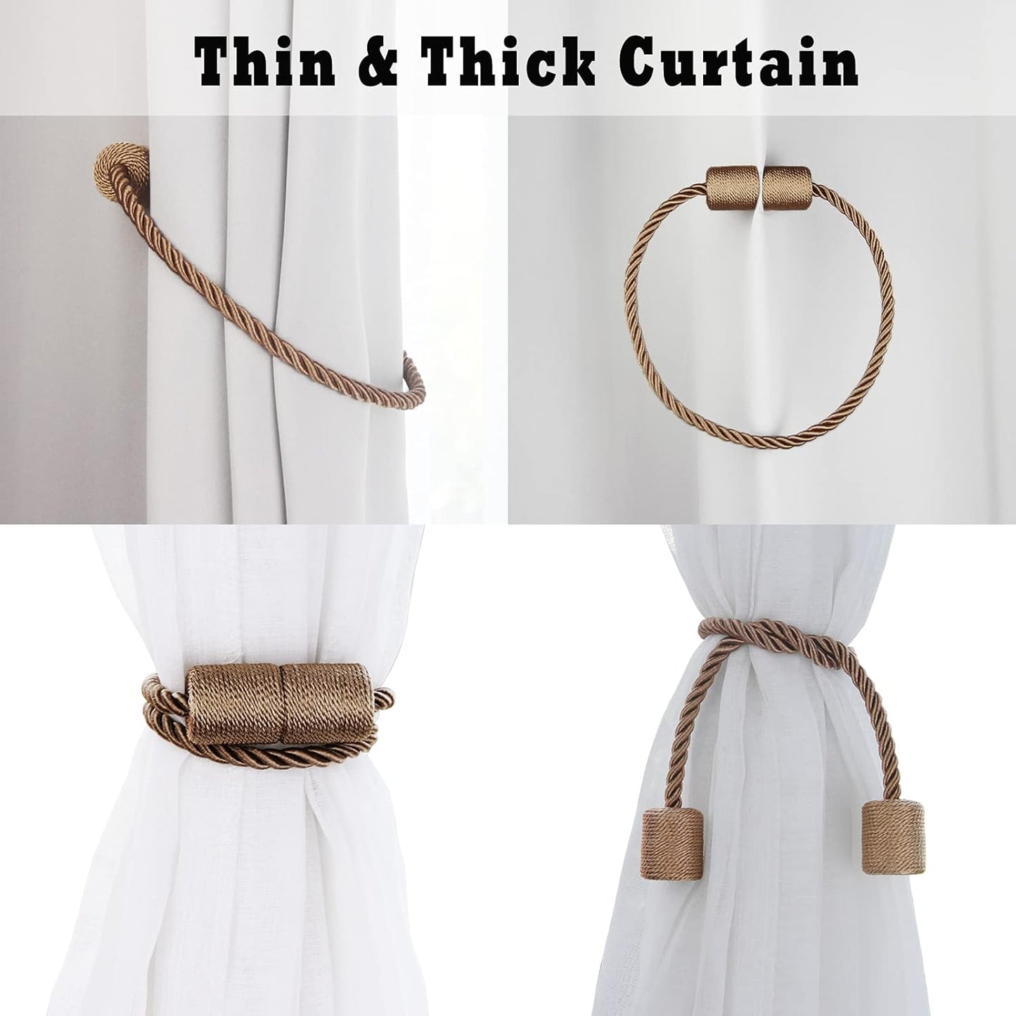 6 Pack Khaki Strong Magnetic Curtain Tiebacks Outdoor Elegant Decorative Tie Backs Modern Rope Tiebacks for Drapes Window Curtain Holdbacks for Draperies