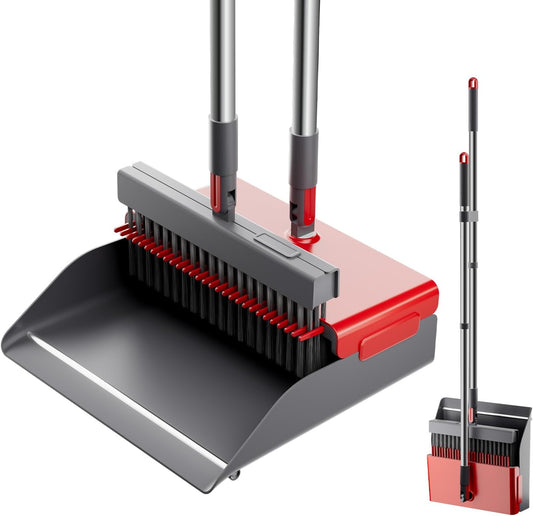 Broom with Dustpan Combo Set 50” Adjustable Long Handle 180 Degree Rotating Broom Set with Comb Teeth Upright Standing Dust Pan for Home Room Kitchen