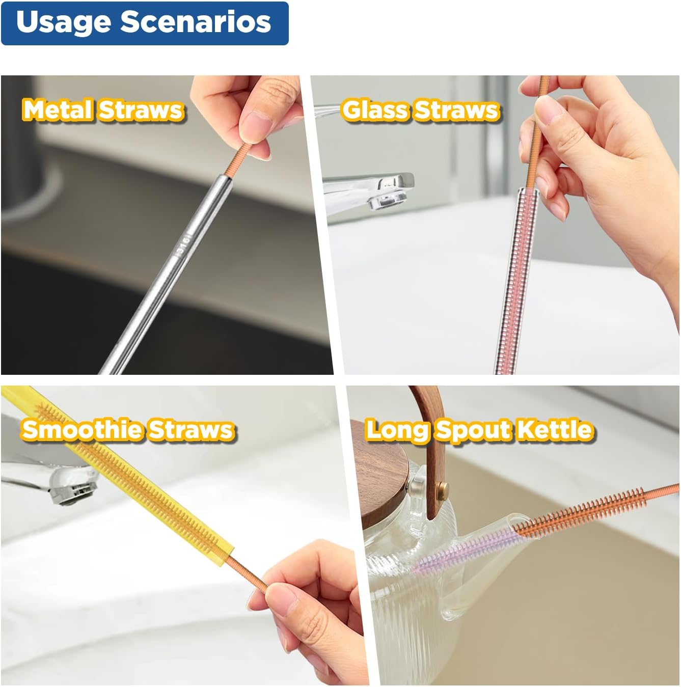 YOTIME Silicone Straw Cleaner Brush, 2Pcs Reusable Straw Brush Extra Long for Cleaning Tumbler with Handle and Glass Metal Smoothie Straws, Non-slip Handle Soft and Bendable, 6mm+9mm, Orange