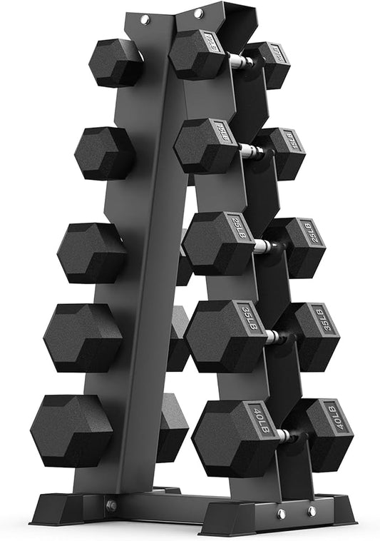 PAPABABE Hex Dumbbell Sets with Rack, 60-550lb Rubber Coated Dumbbell Weight Set and Storage Rack, Multiple Options Hand Weights for Strength Training