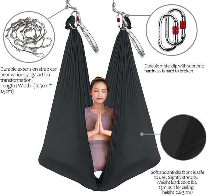 Aerial Yoga Hammock L:5M W:2.8M 5.5 Yards Aerial Pilates Silk Yoga Swing Set with 2000 Ibs Load Include Daisy Chain, Pose Guide