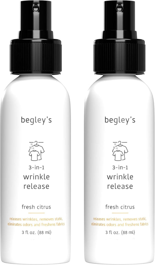 Begley's 3-in-1 Wrinkle Remover, Quick Fix Wrinkle Release, Static Cling Remover, Odor Eliminator and Fabric Refresher Spray - USDA Certified Biobased - Citrus, 3 oz Travel Size