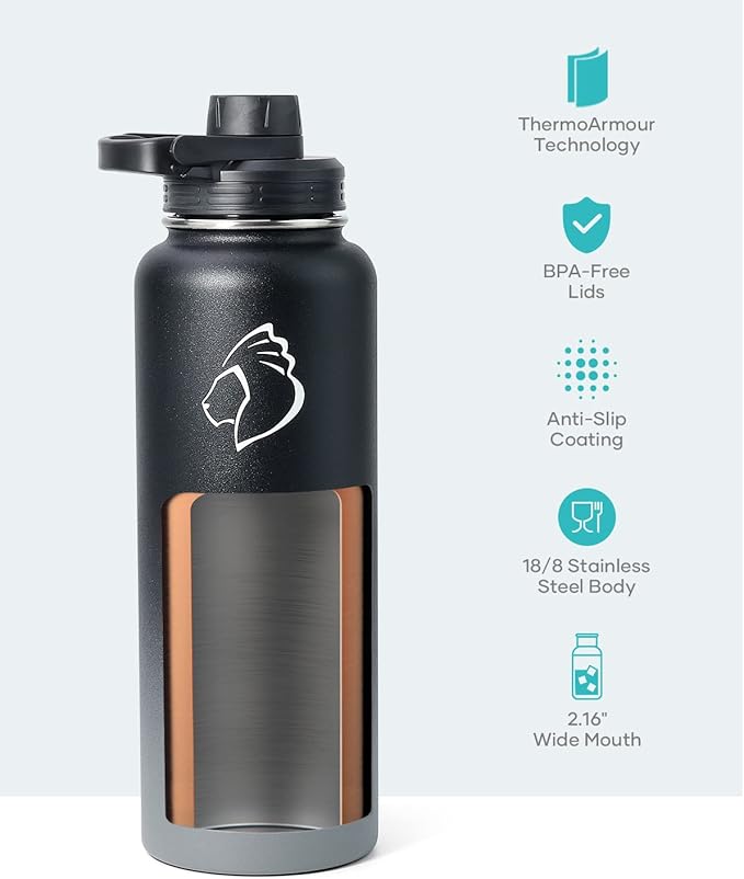 BUZIO 40 oz Water Bottle Insulated with Straw & 3 lid and Carrying Pouch, Leak Proof Anti-Slip Stainless Steel Water Flask Jug, Cold for 48 Hrs Double Vacuum Thermo Canteen, BPA-Free, Shadow