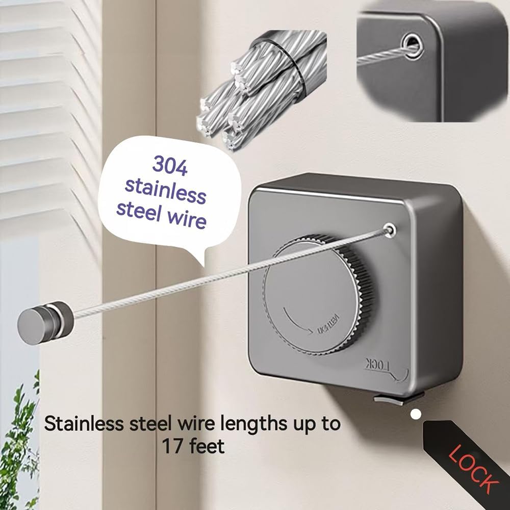 Retractable Clothesline, Wall Mounted, Stainless Steel, 17 Ft Indoor Outdoor (White)