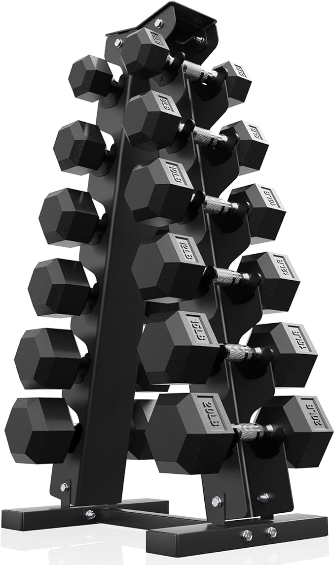 PAPABABE Hex Dumbbell Sets with Rack, 60-550lb Rubber Coated Dumbbell Weight Set and Storage Rack, Multiple Options Hand Weights for Strength Training