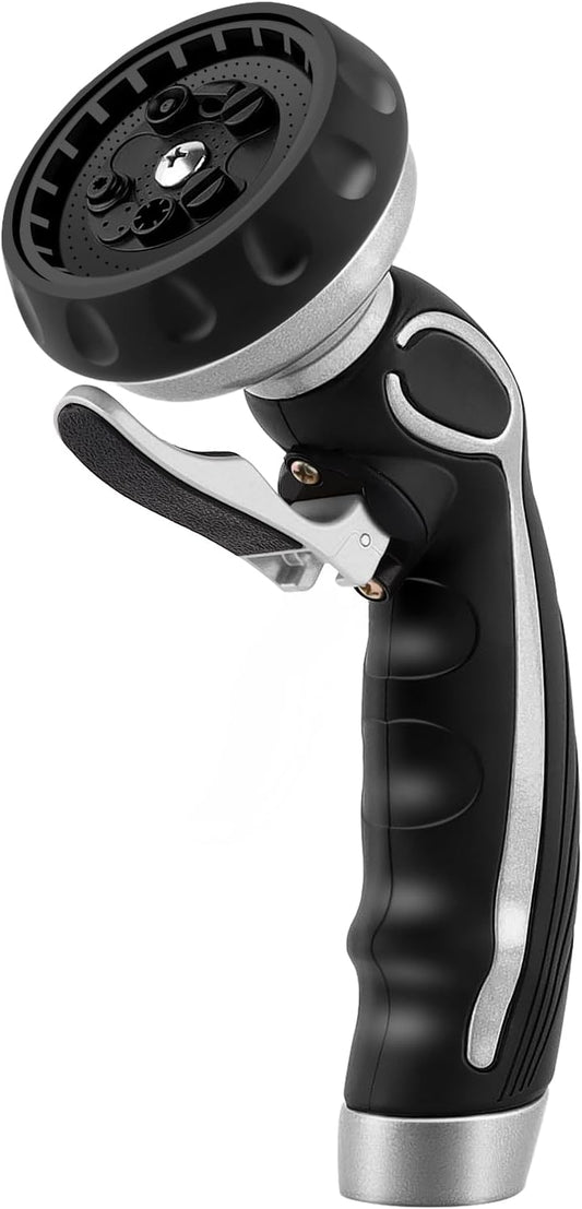 RESTMO Hose Nozzle with Easy Self-Lock Trigger, Heavy Duty Metal Water Hose Sprayer with 9 Spray Patterns and On/Off Valve, Ideal for Outdoor Lawn & Garden Watering, Car & Pet Washing, Silver