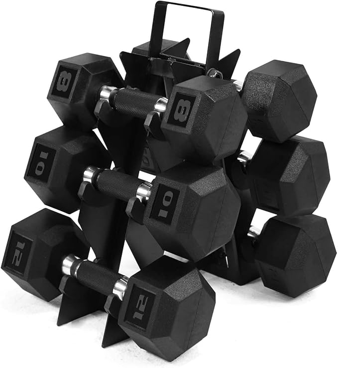 WF Athletic Supply Rubber Encased Hex Dumbbells with Rubber Grip Contoured Handle for Muscle Toning, Strength Building & Full Body Workout
