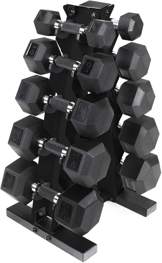 WF Athletic Supply Rubber Encased Hex Dumbbells with Rubber Grip Contoured Handle for Muscle Toning, Strength Building & Full Body Workout
