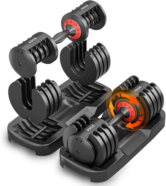 VEICK 25/55 lbs Adjustable Dumbbell with Anti-Slip Turning Handle, Fast Adjust Weight for Men Women, Exercise Equipment with Tray for Home Gym Full Body Workout Fitness
