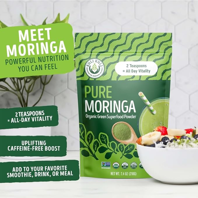 Kuli Kuli Moringa Oleifera Organic Leaf Powder & Green Smoothie, 100% Pure USDA Certified & Non-GMO Moringa Powder, Great with Smoothies, Tea, and Food, 2 Pack
